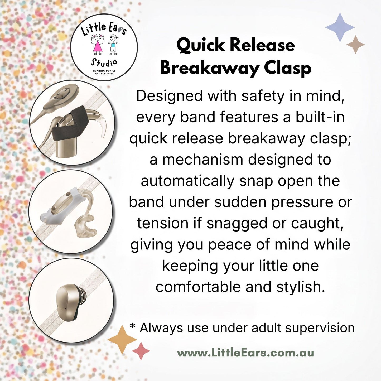An informational product graphic for a Little Ears Studio Quick Release Breakaway Clasp. The design features a white background with a light confetti border, three circular inset images showing different angles of the silver and black metal clasp, and descriptive text explaining the safety feature.