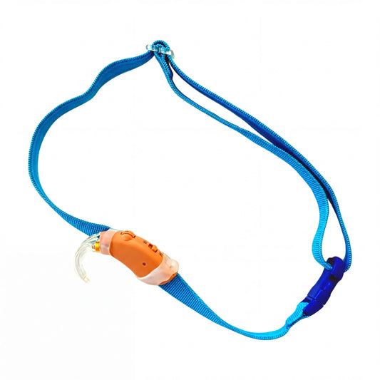 A blue cochlear implant hearing aid headband.