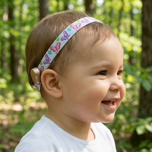 A toddler wearing a light blue fabric cochlear implant headband with a colourful butterfly pattern, photographed outdoors in a sunlit forest setting.
