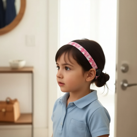 A young girl with dark hair in a low bun wears a pink camoflage cochlear implant headband and a light blue polo shirt, standing in a brightly lit indoor room.