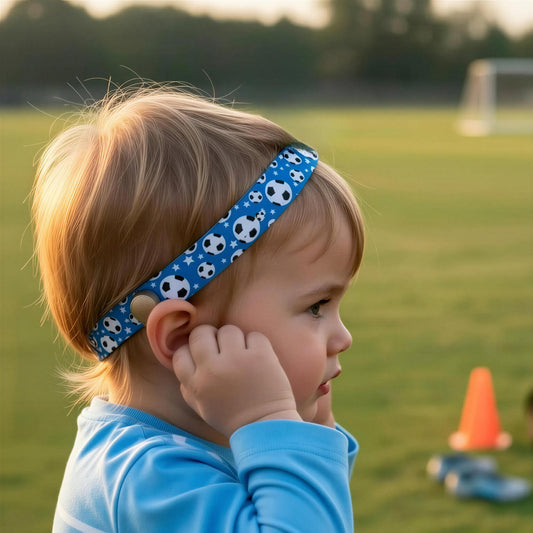 A young child wearing a Ponto BAHA softband headband while standing on a soccer field with a soccer ball and cones in the background.