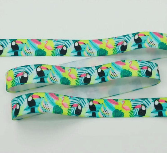 a colorful elastic for cochlear implant headband with a repeating pattern of tropical birds, including toucans, flamingos, and parrots, against a white background.