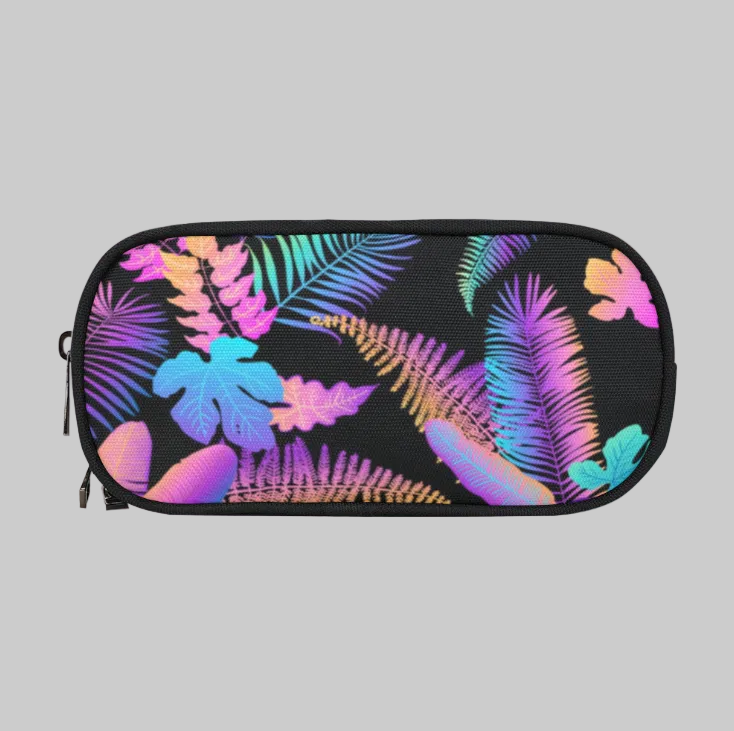 A zippered storage pouch for Cochlear Implants or hearing aids with a black background and a vibrant, multicolored tropical leaf pattern.