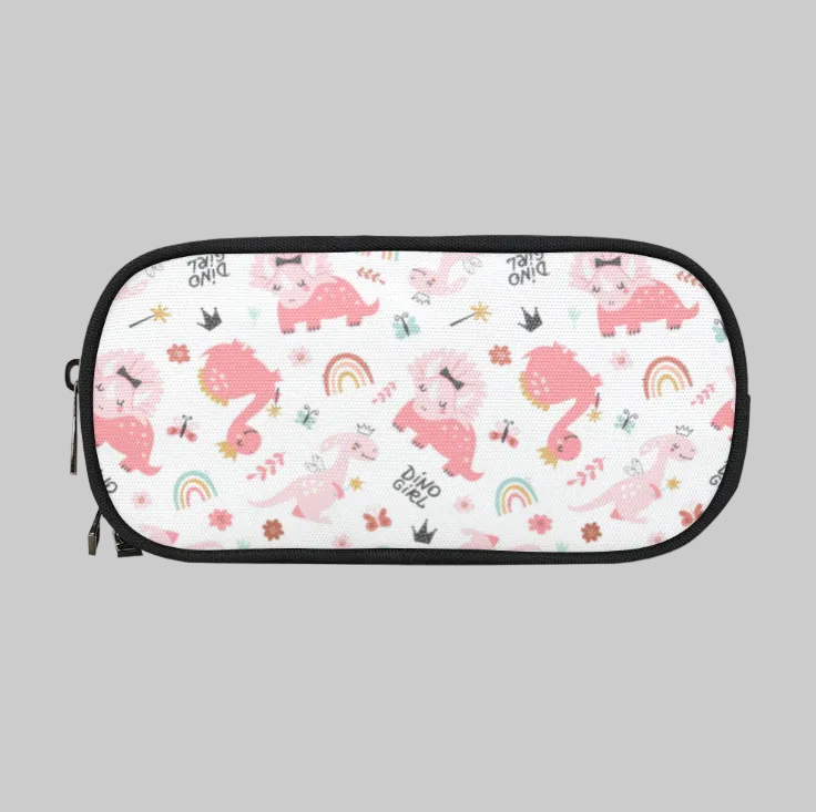 A zippered storage case for ponto baha hearing devices with a white background and a playful pattern of pink cartoon dinosaurs, rainbows, stars, and flowers.