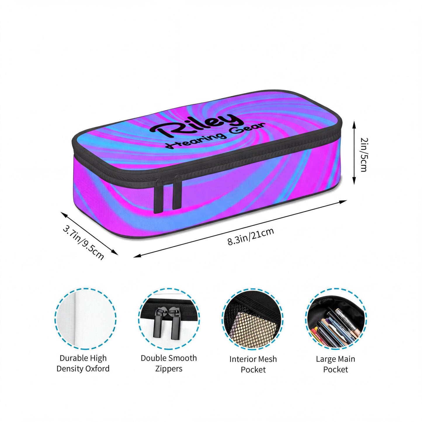 A colourful cochlear implant storage pouch, with personalised name on it. The pencil case has various features such as a double smooth zipper, an interior mesh pocket, and a large main pocket. The dimensions of the pencil case are 3 inches by 9.5 centimeters.