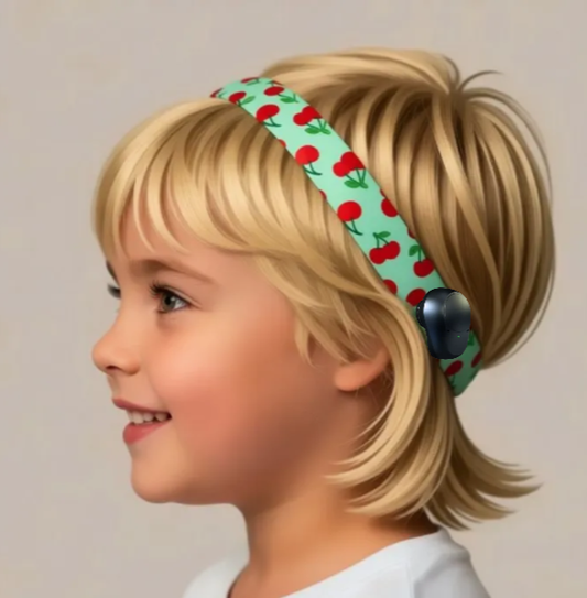 A young child in profile wearing a mint green Ponto baha hearing aid headband with a red cherry pattern and a dark blue decorative end cap, set against a plain light gray background.