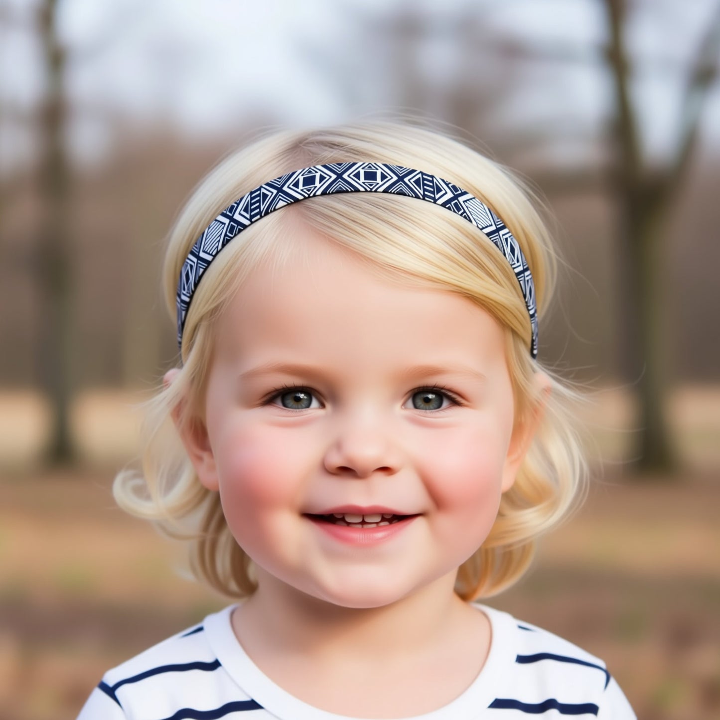 A young girl with blonde hair wearing a blue and white patterned headband is smiling at the camera.