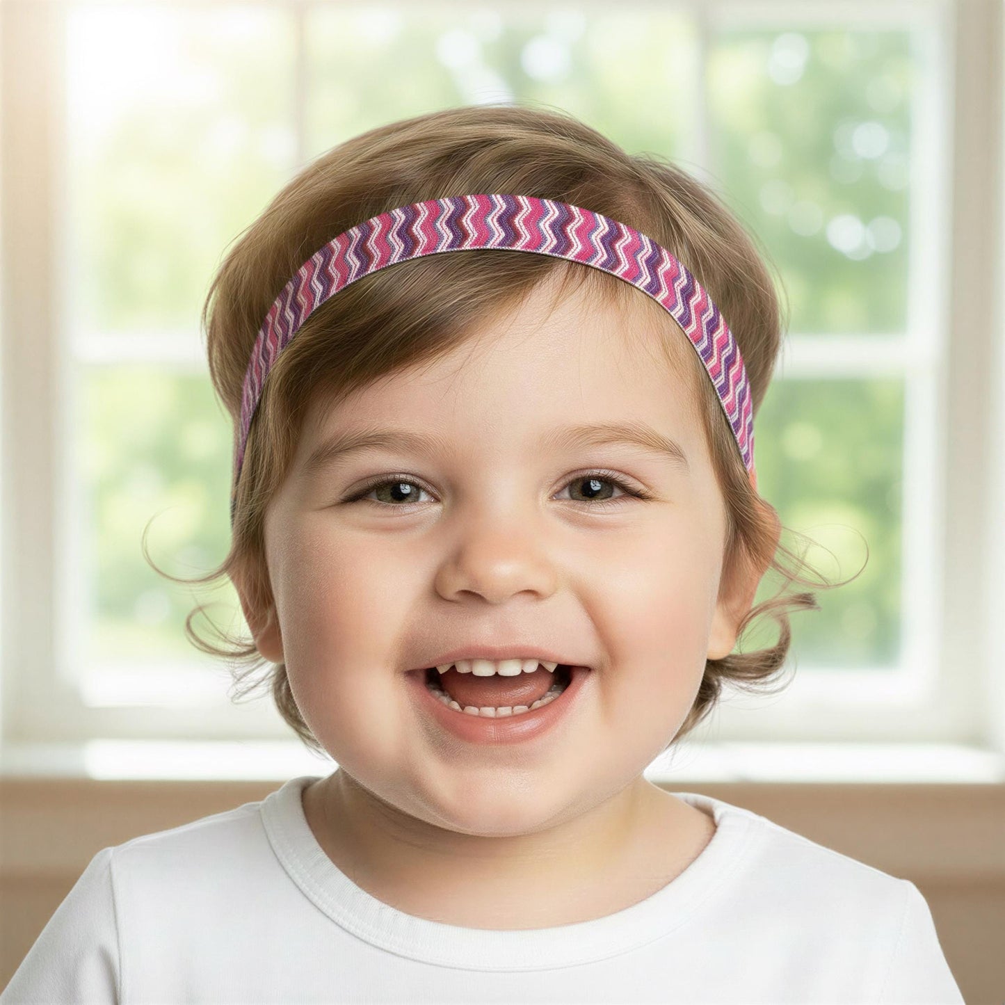 A young girl with a big smile on her face, wearing a headband with a colorful pattern, is the main subject of the image.