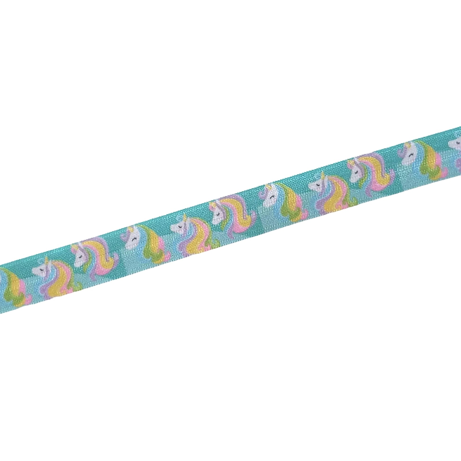 A ribbon with a repeating pattern of colorful unicorn heads in various shades of pink, blue, and yellow.