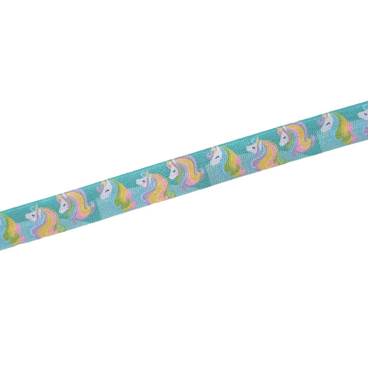 A ribbon with a repeating pattern of colorful unicorn heads in various shades of pink, blue, and yellow.
