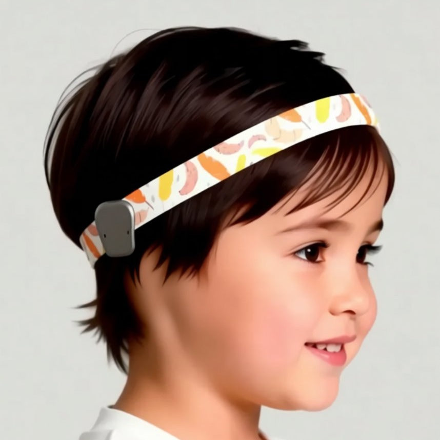 A child in profile wearing a white headband with a colorful abstract pattern and a small gray ponto Baha bone conduction device attached near the side.