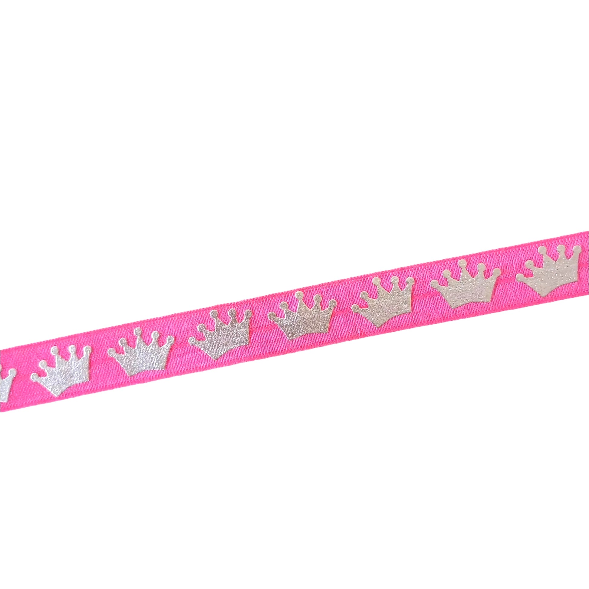 A pink ribbon with silver crowns printed on it.