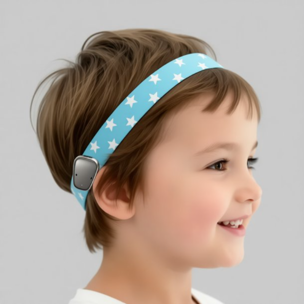A child in profile wearing a light blue ponto baha hearing aid headband with white stars