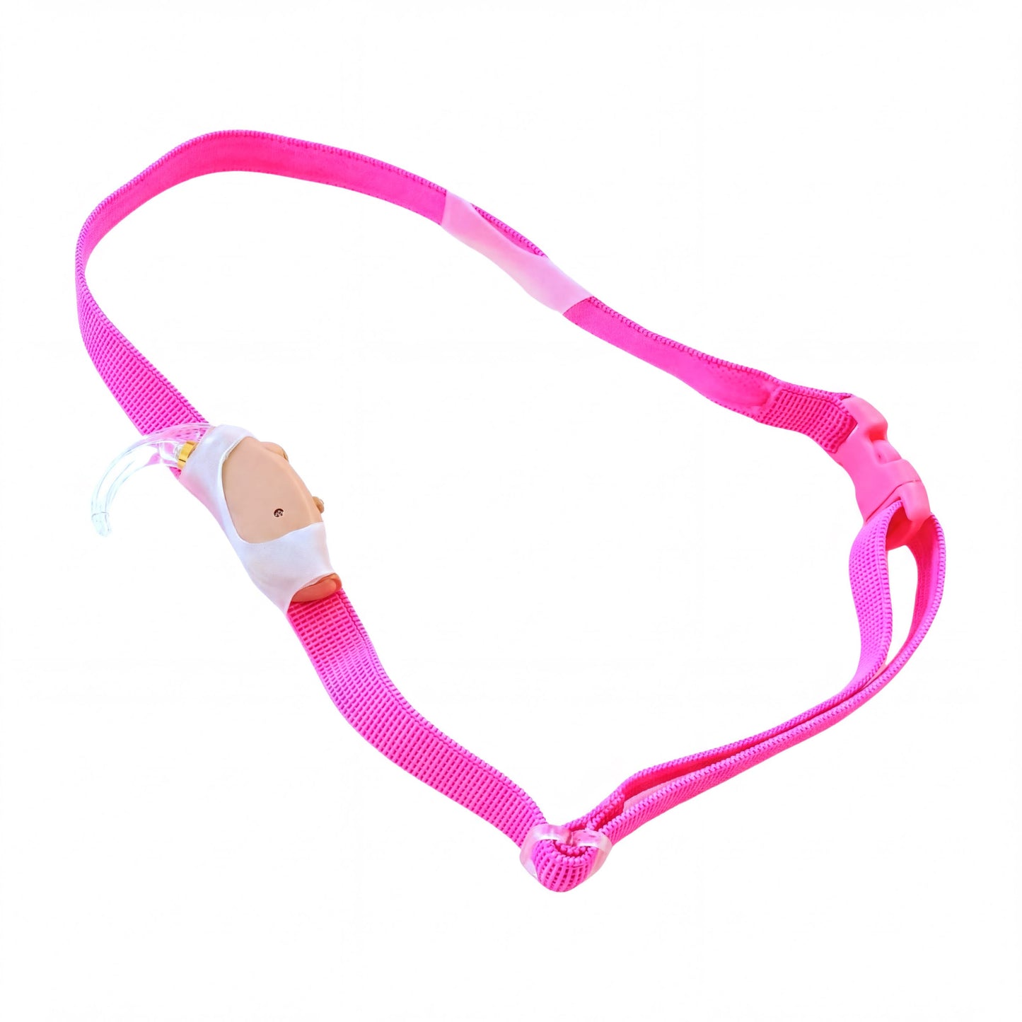 A hot pink cochlear implant hearing aid headband.