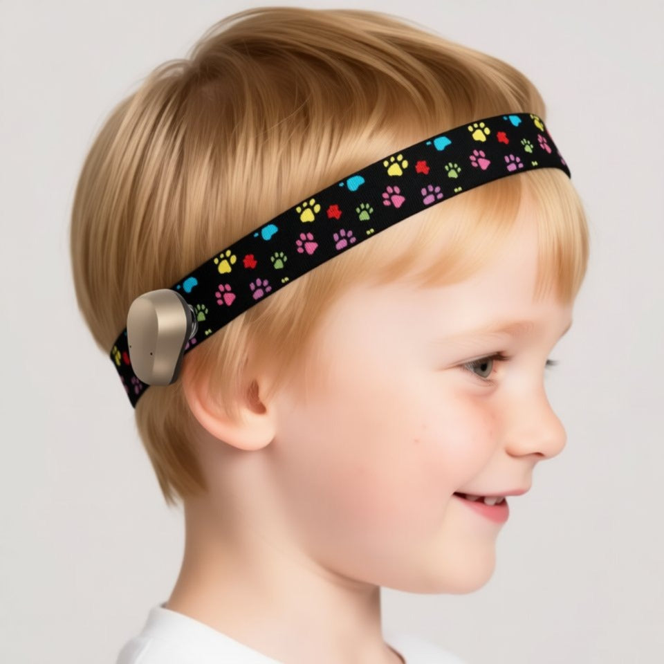 hearing aid headband with colourful paw print