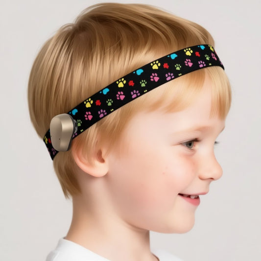 hearing aid headband with colourful paw print