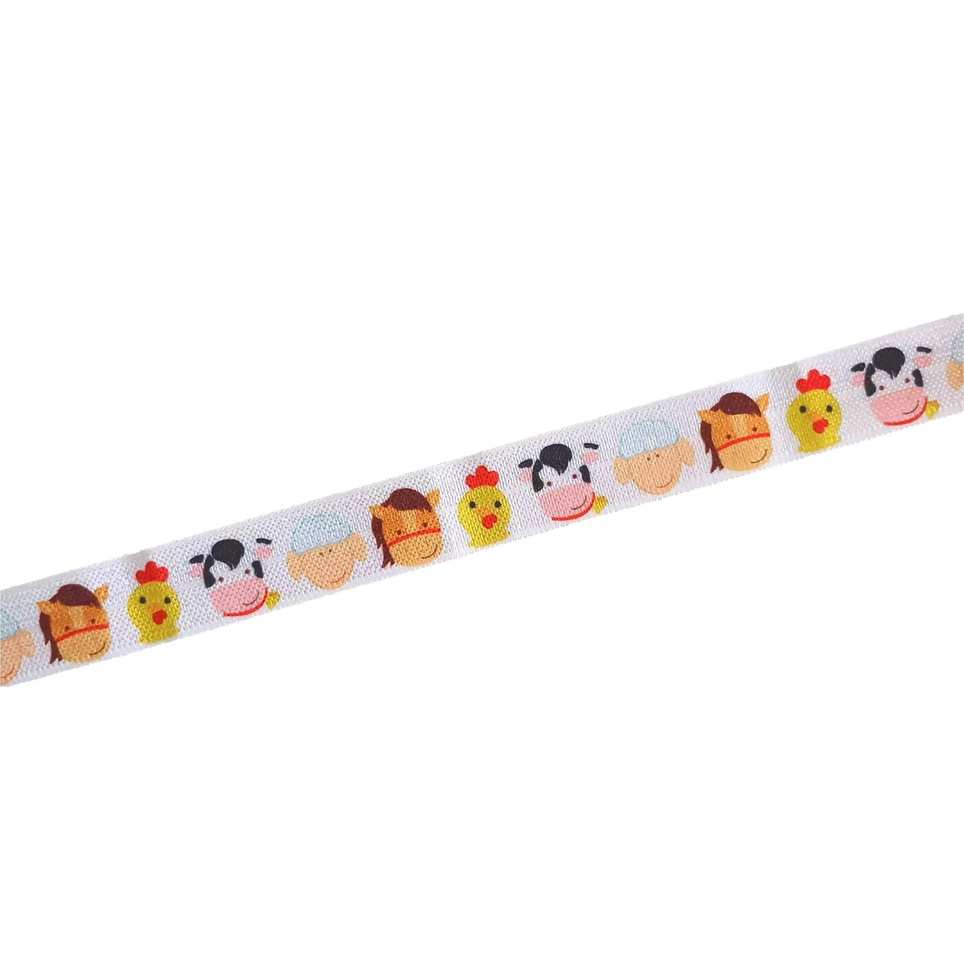 A white ribbon with a repeating pattern of cartoon animal faces, including a cow, chicken, and duck, arranged in a row.
