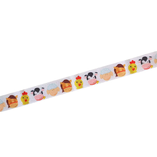 A white ribbon with a repeating pattern of cartoon animal faces, including a cow, chicken, and duck, arranged in a row.