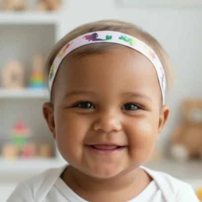 A smiling baby wearing a white fabric hearing headband with colourful mermaid illustrations, photographed in a bright nursery setting with toys in the background.