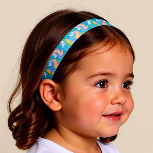 A ribbon with a repeating pattern of colorful unicorn heads in various shades of blue, pink, and yellow.