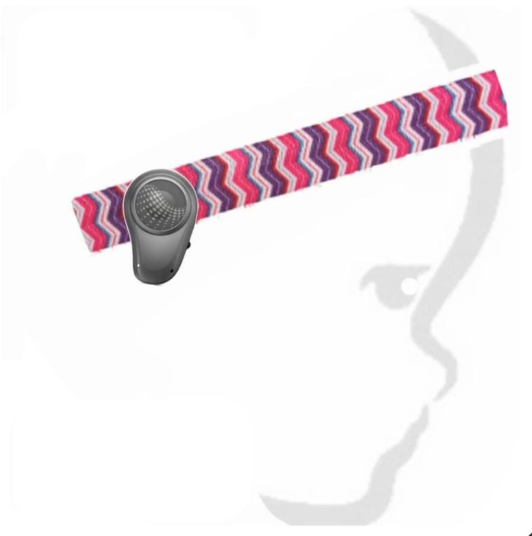 a headband with a circular object attached to it, and a silhouette of a person's face is shown in the background.