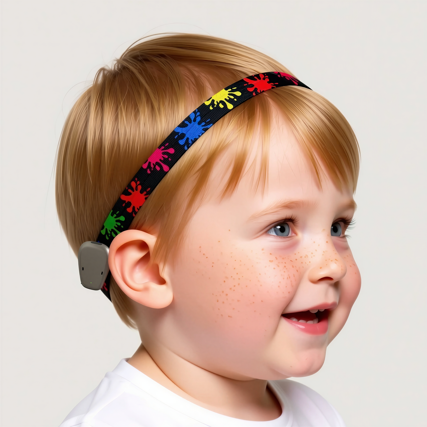 A young child with short blonde hair wearing a colorful headband with splatter designs.