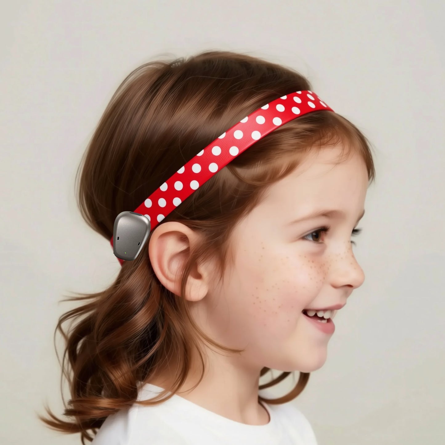 A red ponto baha hearing aid headband with white polka dots and a dark gray clip, shown against a white background with a faint gray silhouette of a face.