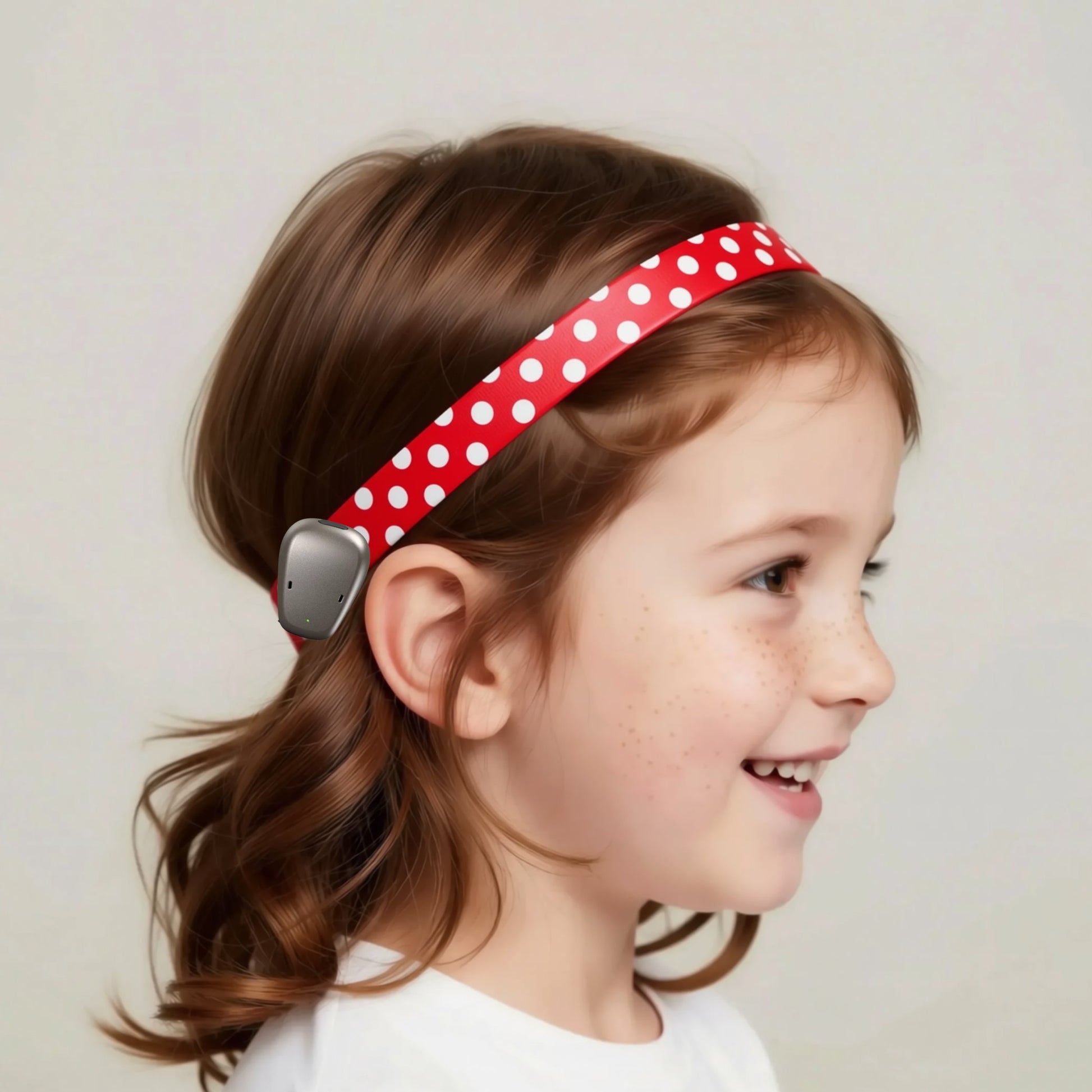 A red ponto baha hearing aid headband with white polka dots and a dark gray clip, shown against a white background with a faint gray silhouette of a face.