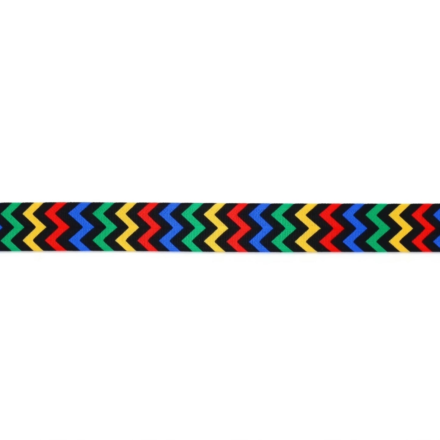 A colorful, zigzag-patterned ribbon or band with a vibrant mix of red, green, blue, yellow, and black colors.