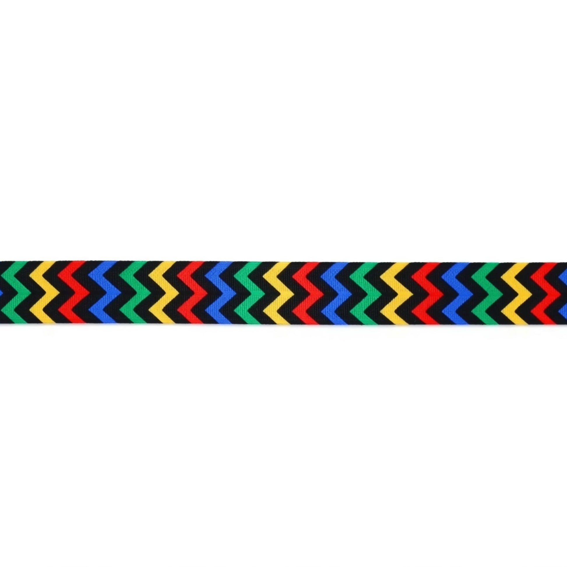 A colorful, zigzag-patterned ribbon or band with a vibrant mix of red, green, blue, yellow, and black colors.