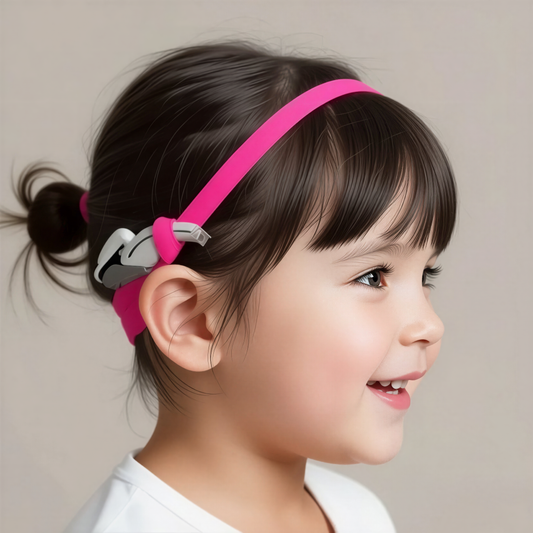 A young child with black hair wearing a bright pink cochlear implant hearing aid headband and smiling.