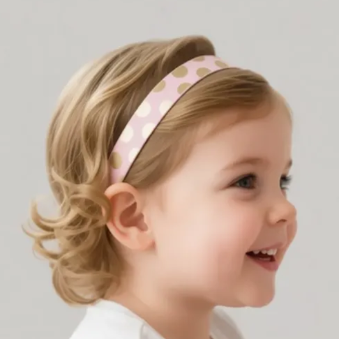 A young child with blonde hair wearing a light pink polka dot cochlear implant hearing aid headband
