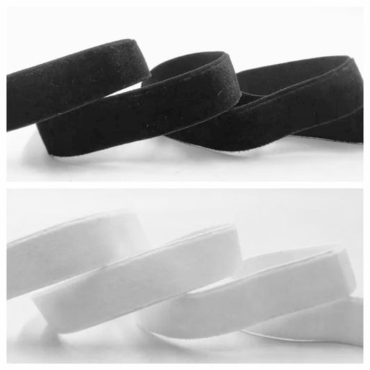 Black and white velvet elastic ribbon on a white background