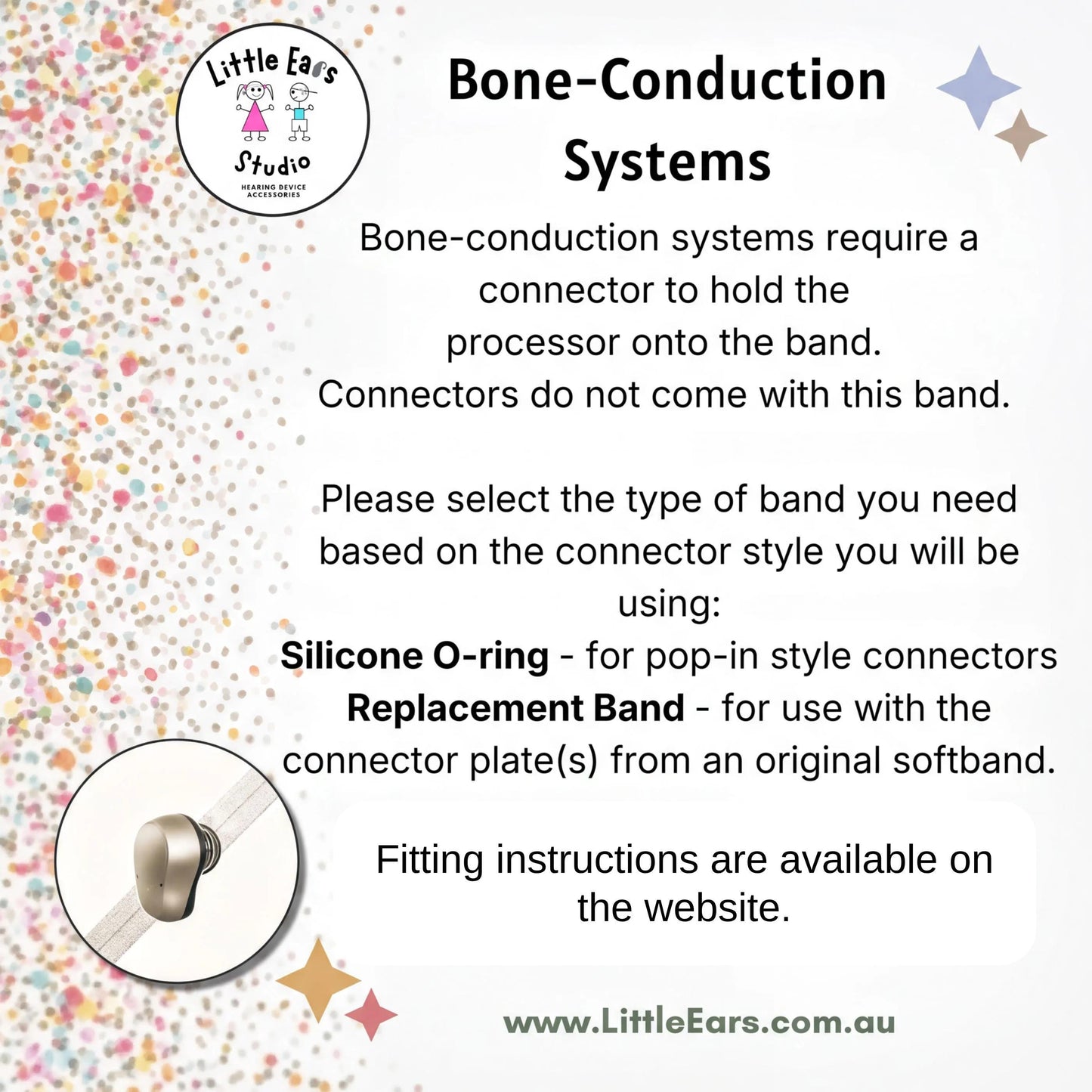 An informational graphic for Little Ears Studio explaining bone-conduction systems and band compatibility. The text states that connectors do not come with the band and lists Silicone O-ring and Replacement Band options.