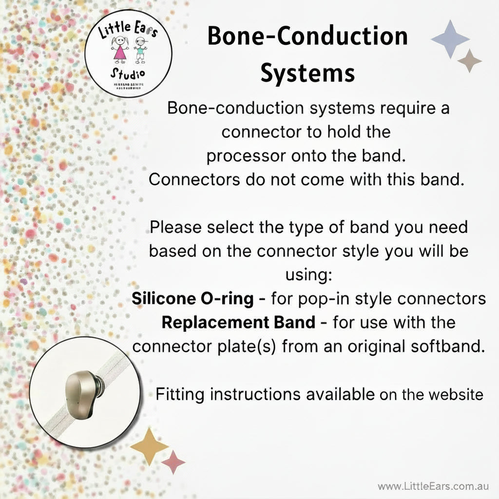 An informational graphic for Little Ears Studio about bone-conduction systems. The text explains that connectors do not come with the band and lists two types of bands: Silicone O-ring for pop-in style connectors and Replacement Band for use with connector plates from an original softband.