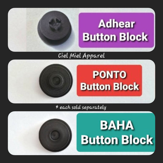 Three button blocks labeled 'Adhear', 'PONTO', and 'BAHA' with their respective brand names.