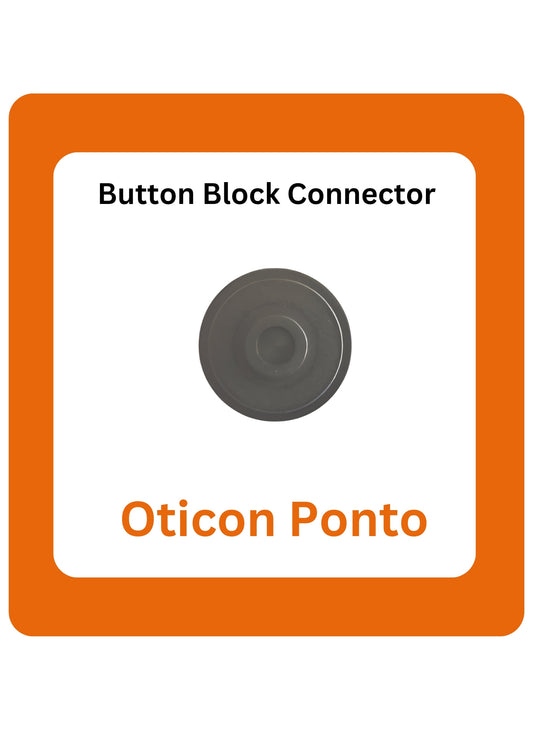 Button block connector with 'Oticon Ponto' branding on an orange border