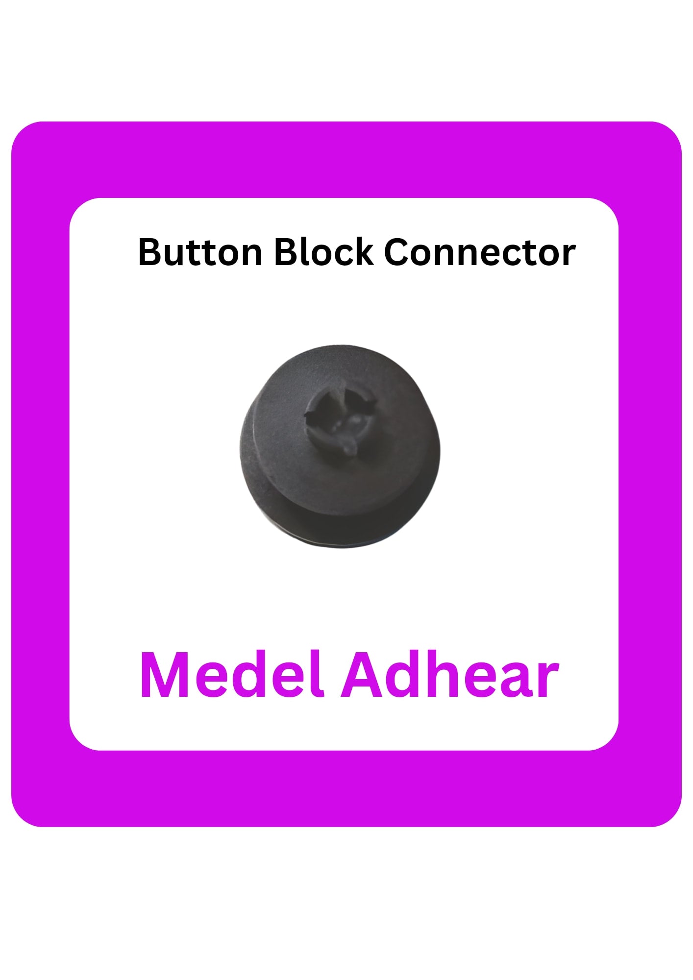 Black button block connector with 'Medel Adhear' branding on a white background