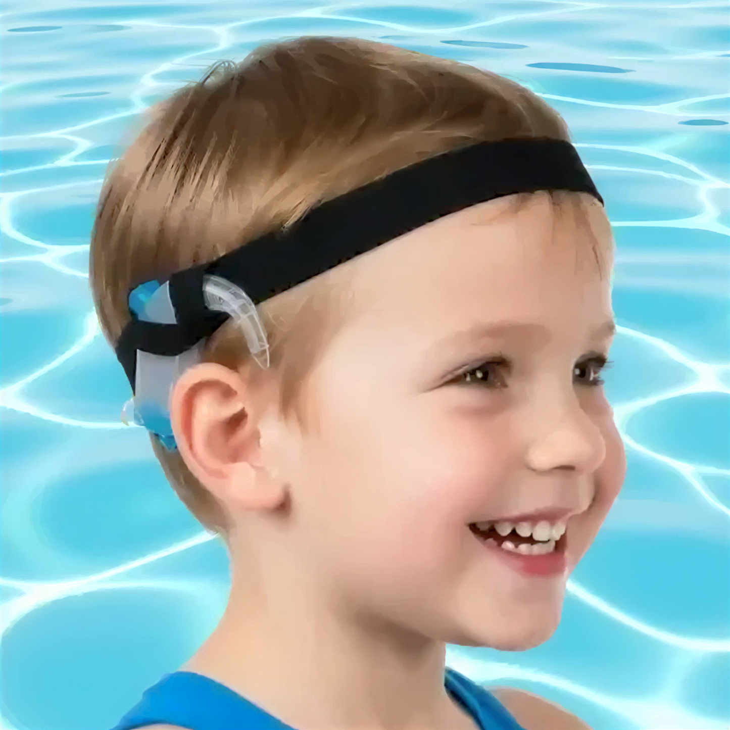 Cochlear Implant Aqua+ swimming surfing water sports headband swim earpiece worn by a child with blue water background.