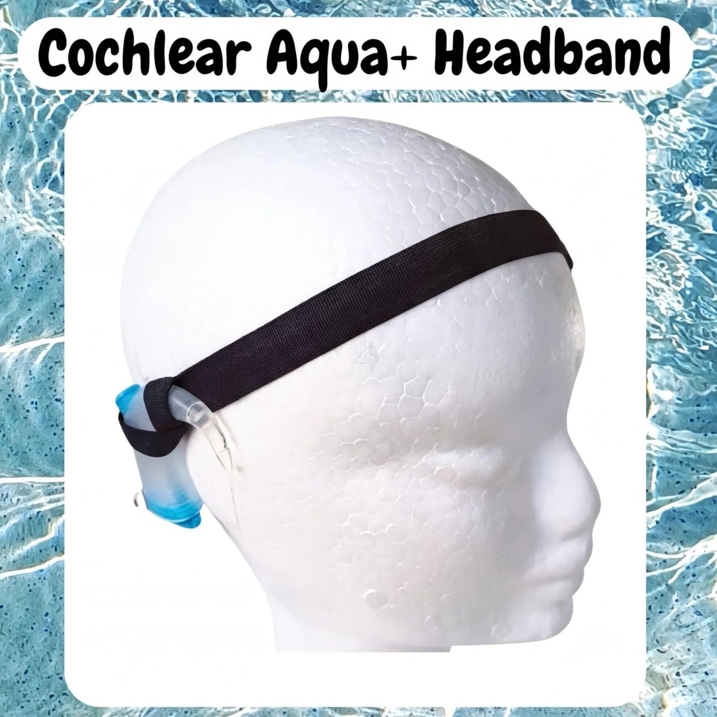 A white foam head wearing a black cochlear implant aqua plus swim headband with a blue attachment, against a blue water background.