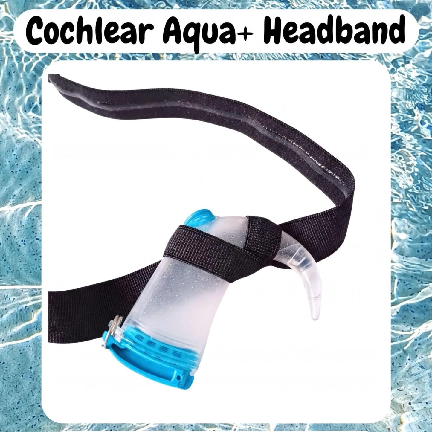 A black and blue cochlear implant aqua plus swim headband is shown against a white background.
