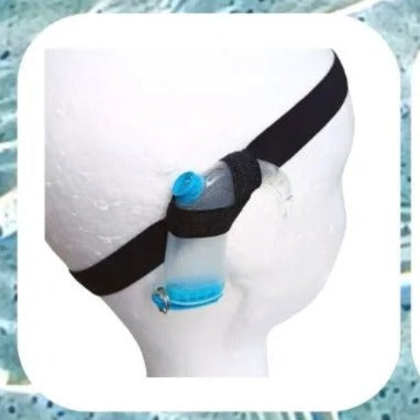 A cochlear implant aqua plus swim headband with an integrated small water bottle holder, shown on a white mannequin head. 