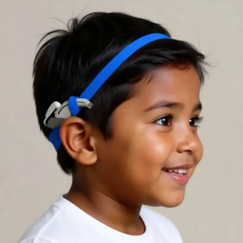 A young child with dark hair wearing a blue cochlear implant hearing aid headband and smiling.