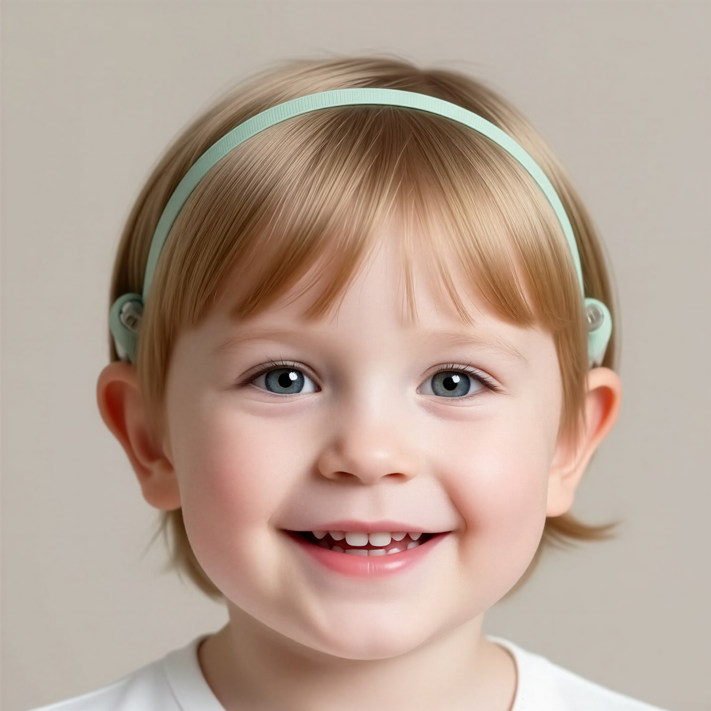 A young child with blonde hair wearing a green cochlear implant hearing aid headband and smiling.