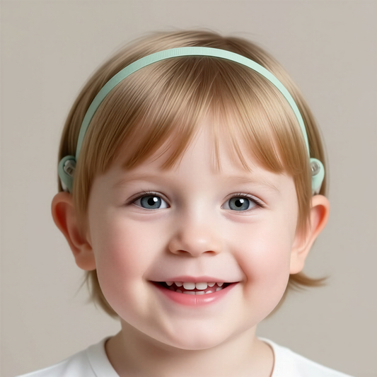 A young child with blonde hair wearing a green cochlear implant hearing aid headband and smiling.