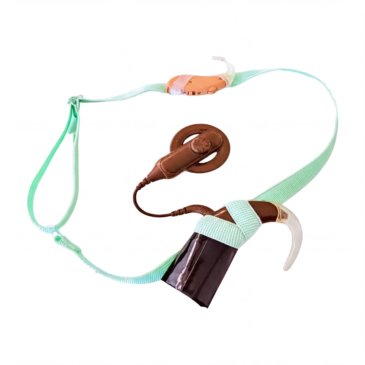 A light green cochlear implant hearing aid headband.