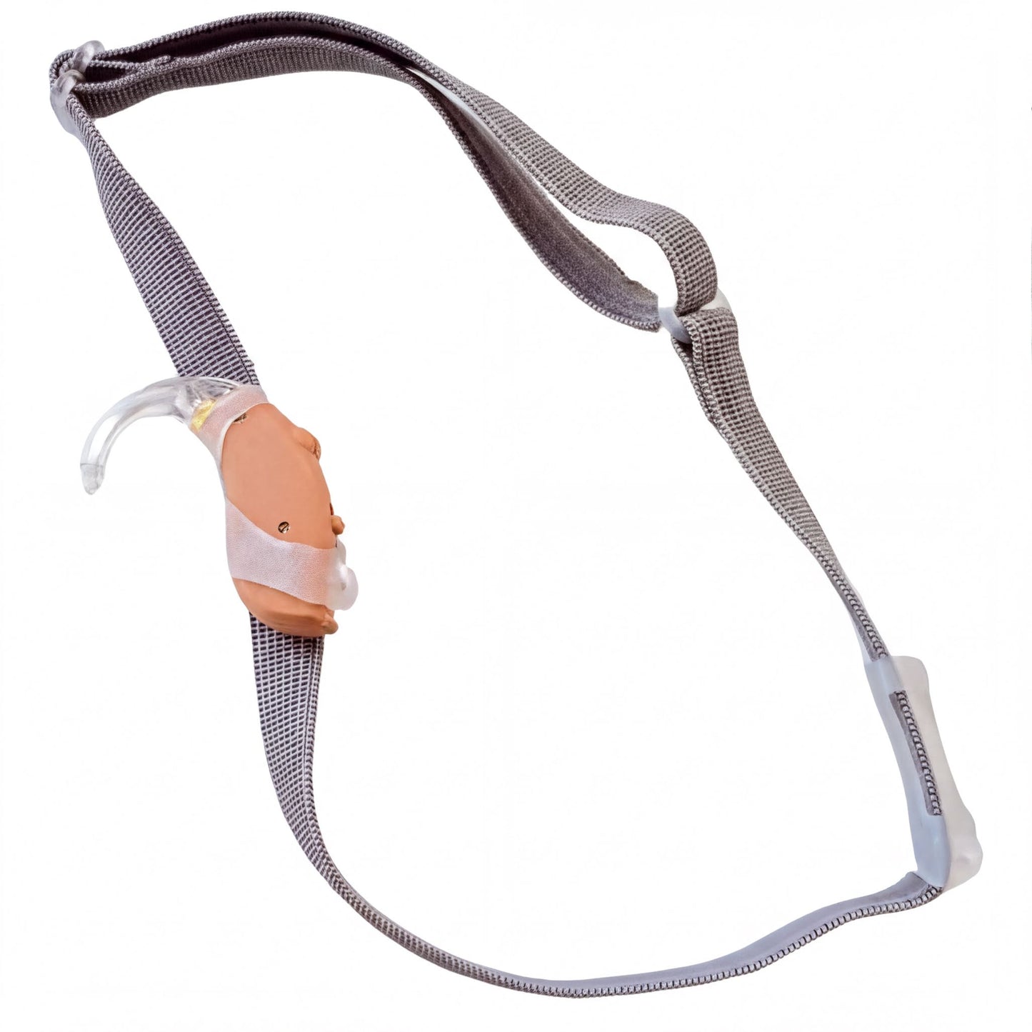 A grey cochlear implant hearing aid headband.