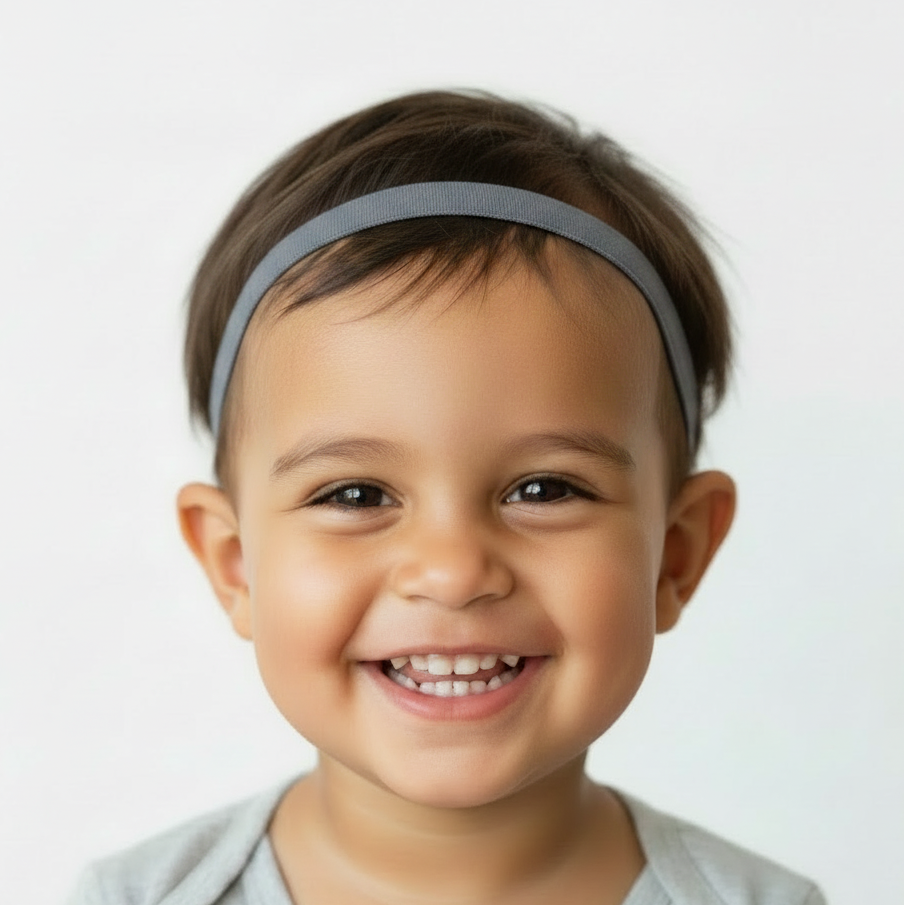 a young child with brown hair wearing a hearing aid headband or cochlear implant headband, 10mm wide silicone lined