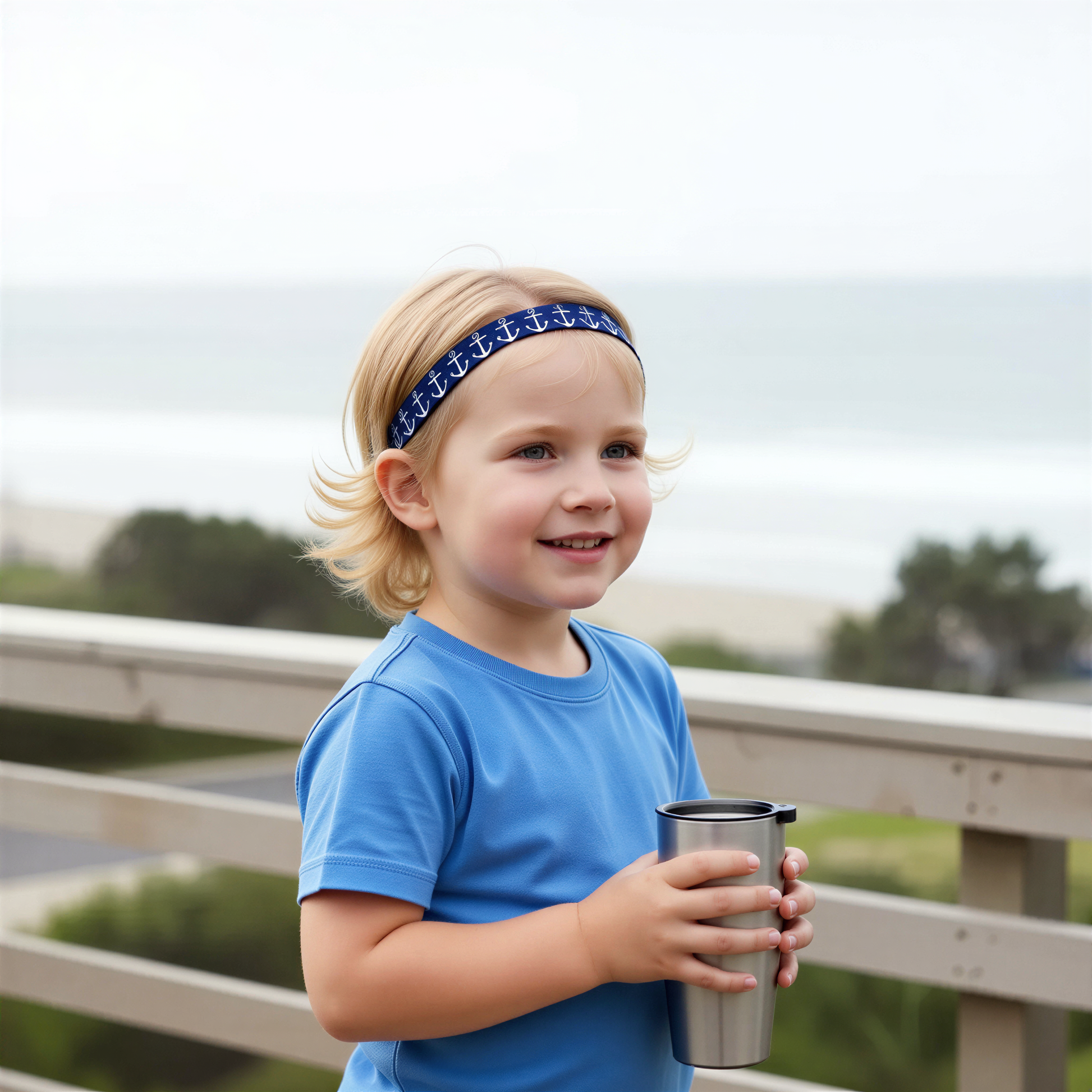 A young blonde girl wearing a blue t-shirt and a navy blue anchor-patterned headband for a cochlear implant or hearing aid, holding a stainless steel travel tumbler on a wooden boardwalk with a blurred beach background.