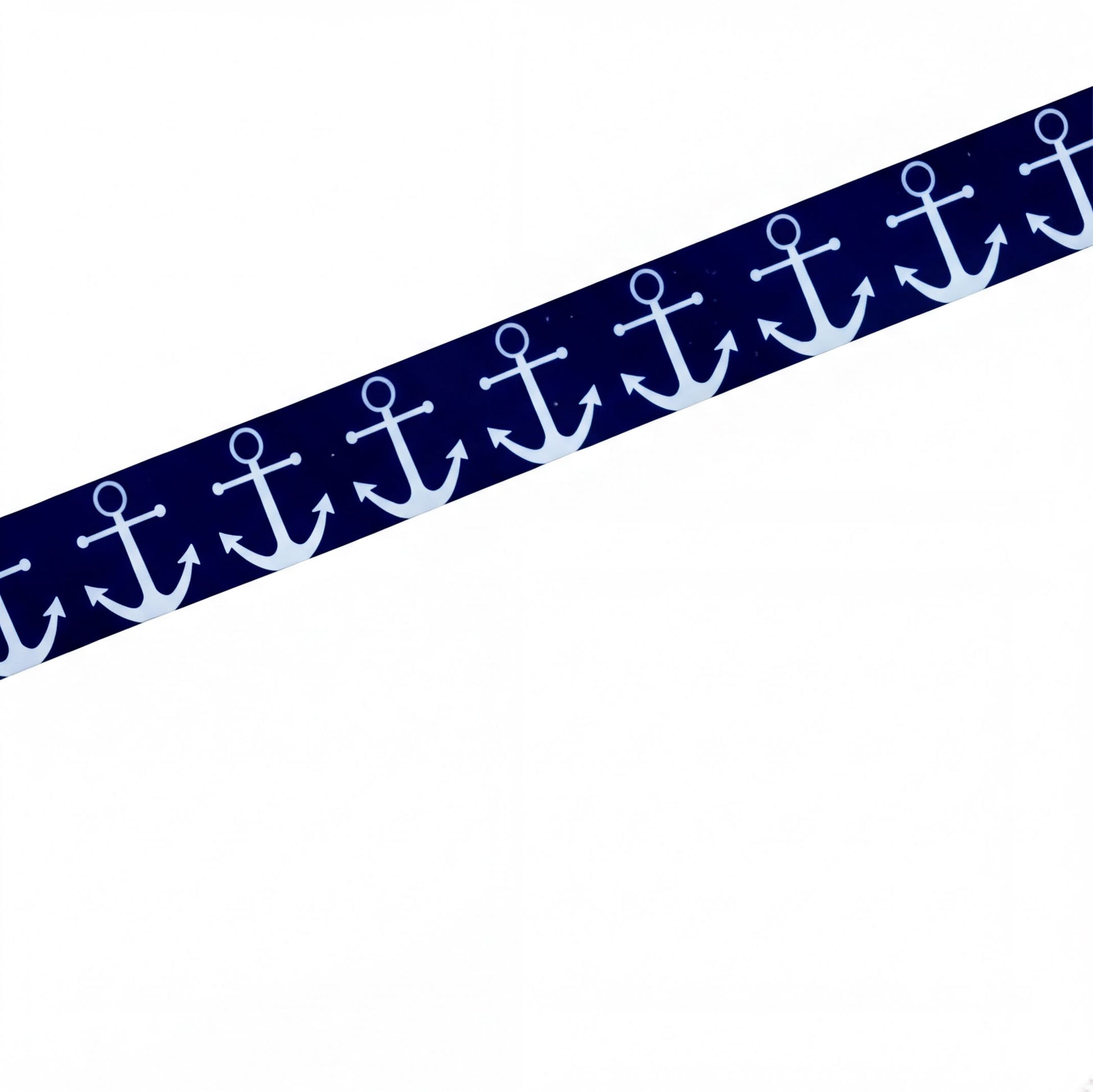 A strip of elastic for cochlear implant featuring a repeating white anchor pattern on a dark navy blue background, shown diagonally on a plain white background.